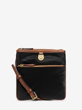 Michael Kors Black Nylon Crossbody with Brown Trim and Gold Hardware